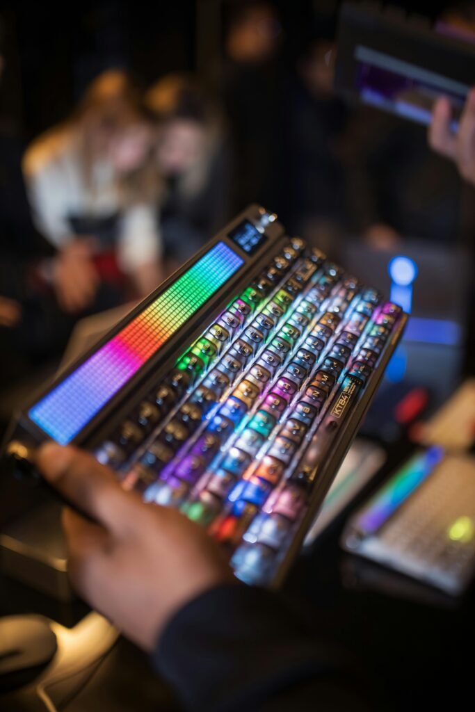 Close-up of a colorful RGB-backlit mechanical keyboard in a dimly lit tech gathering.